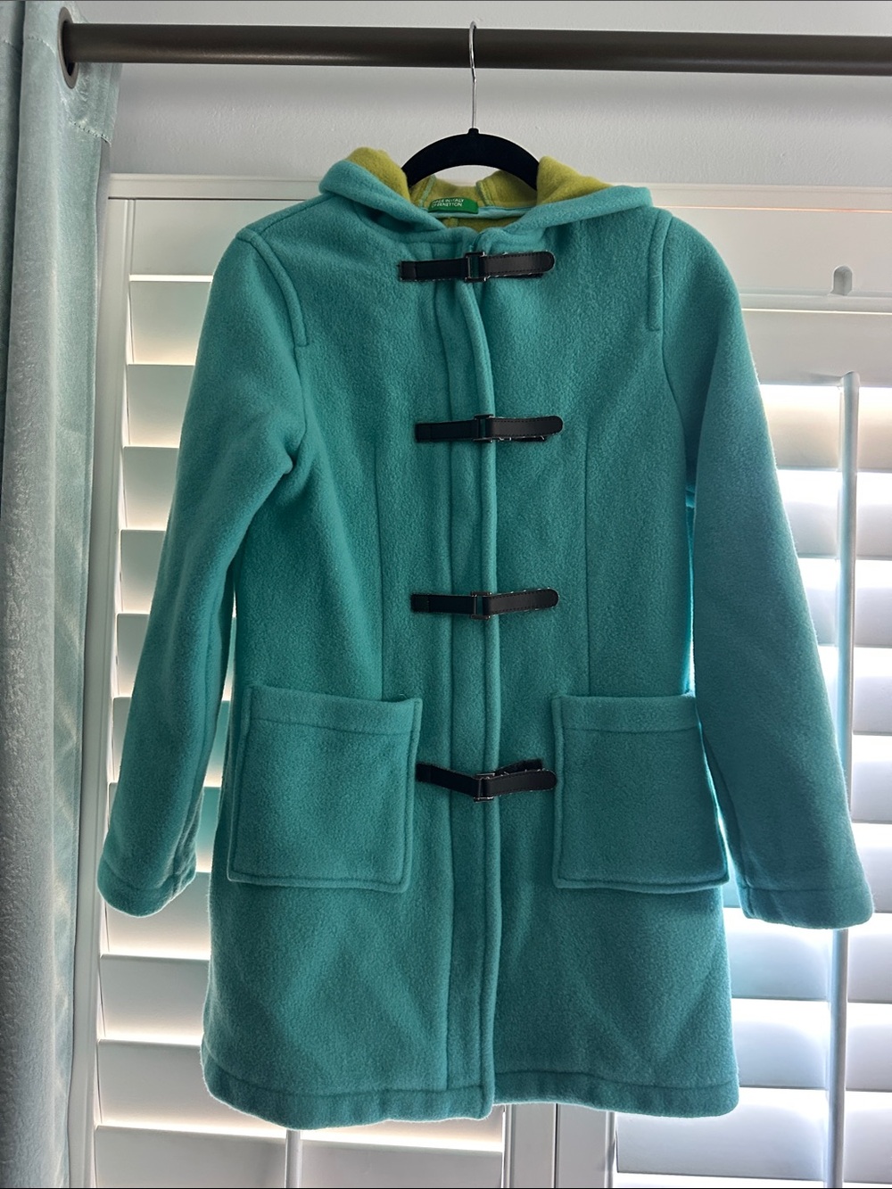 United Colors Of Benetton Teal Hooded Toggle Coat with Lime Lining